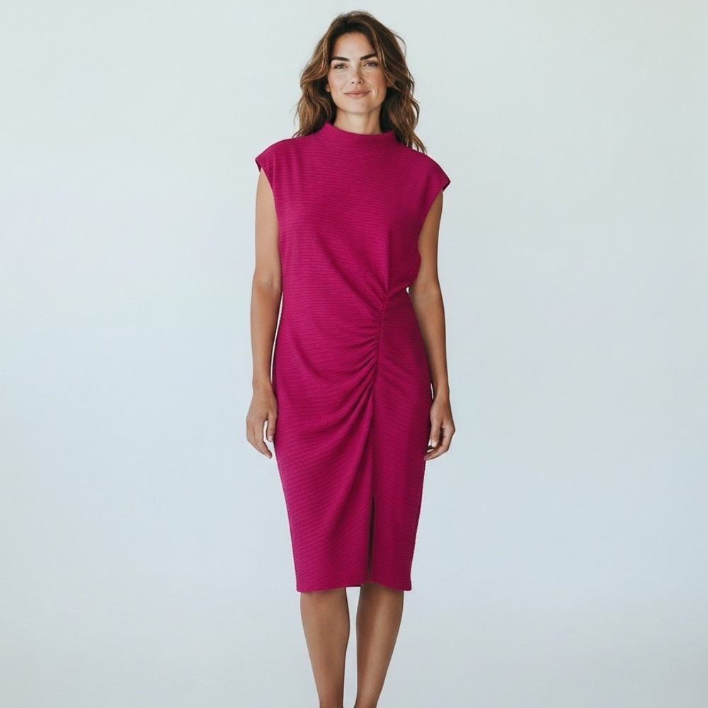 NWT London Times Fuchsia Pink Textured Ruched Mock Neck Sheath Midi Dress SZ 10